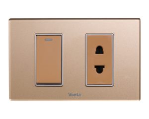 BỘ 1 CÔNG TẮC ĐƠN 16A,1 Ổ CẮM 2 CHẤU 16A MÀU ĐỒNG MSP 2CPB2S111